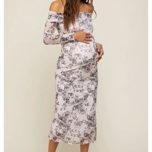 Ivory Floral Lettuce Trim Off Shoulder Maternity  Dress